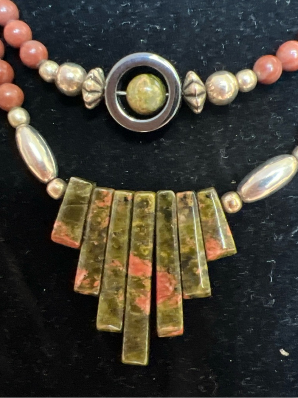 Southwest two strand handmade Unakite stone fan necklace